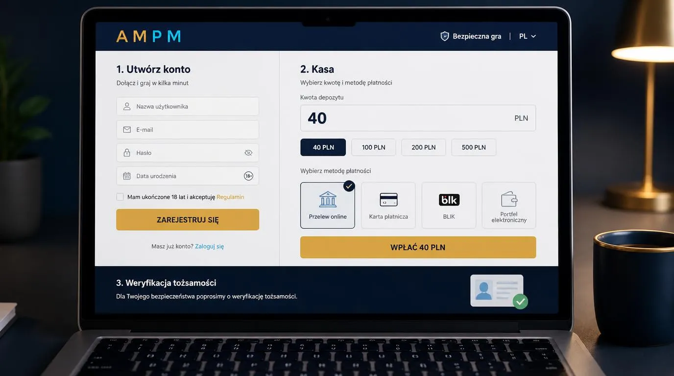 Ekran rejestracji i kasa z wyborem metody wpłaty oraz informacją o depozycie 40 PLN