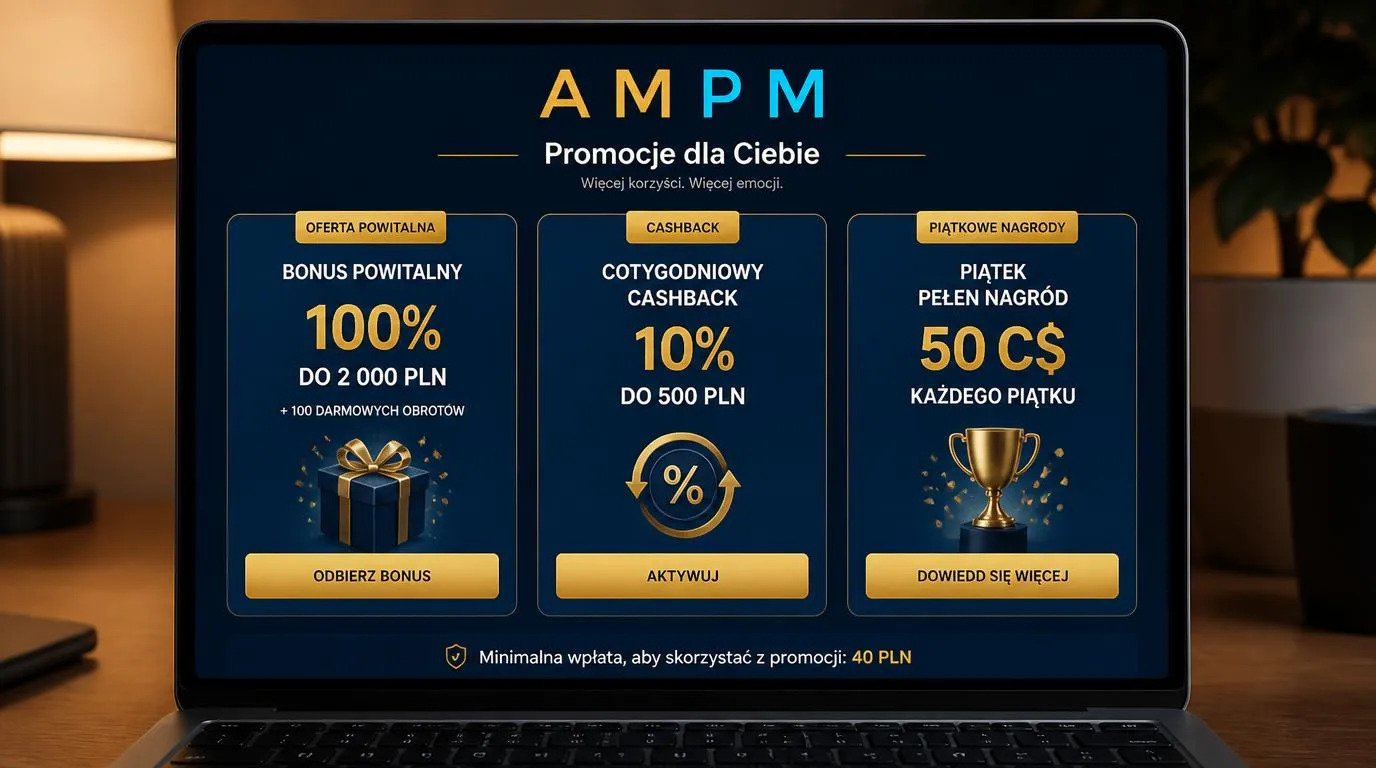 Panel promocji kasyna z ofertą powitalną w PLN oraz osobnymi kartami cashbacku i nagród tygodniowych