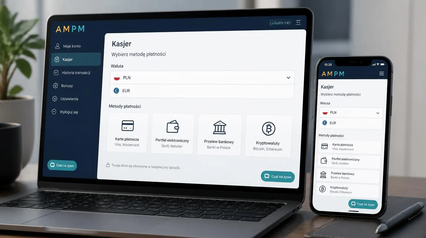 Widok kasy kasyna z wyborem PLN, metod płatności i przyciskiem czatu na żywo
