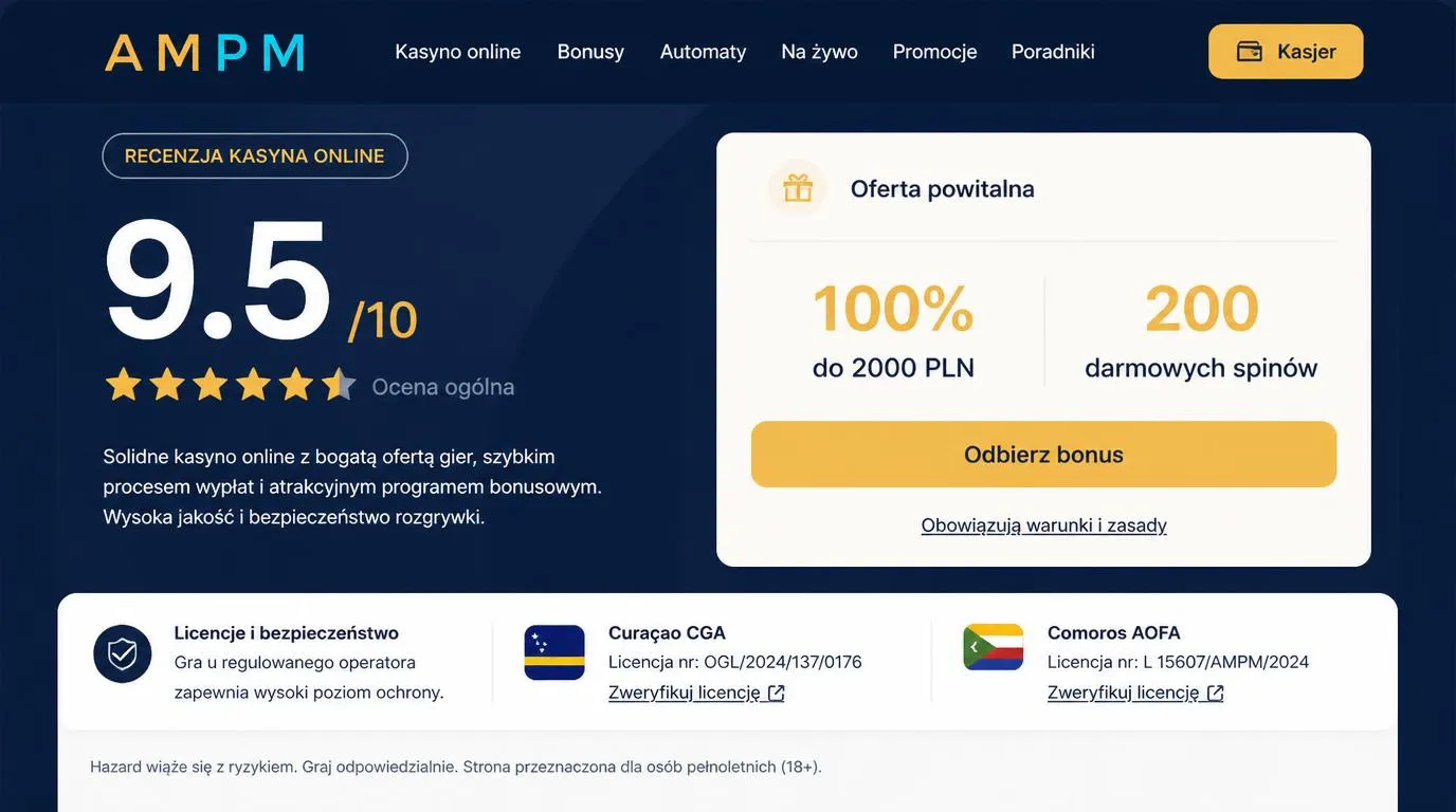 Ekran kasyna z oceną 9,5/10, ofertą powitalną i przyciskiem przejścia do kasy
